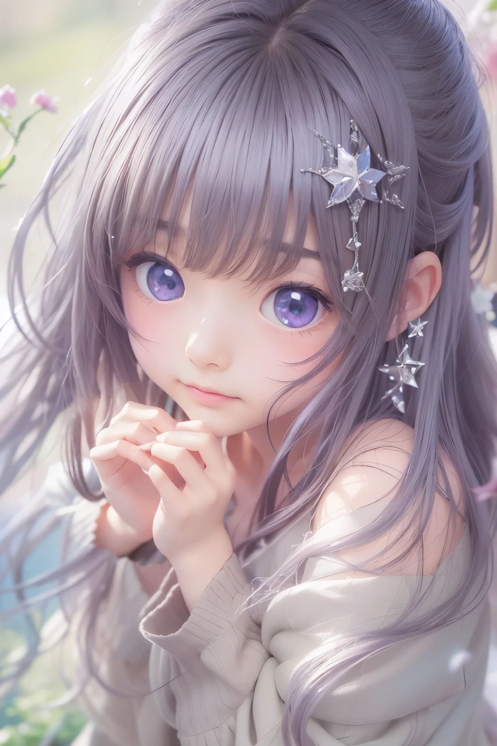 Realistic、8age、Real masterpieces, Highest quality, Highly detailed shape,1 Girl,alone, 画像Book体, flower, Looking at the audience、 Purple eyes, Jewel-like eyes, Very beautiful eyes, Highly detailed face,, , star (null), star座, Purple Energy, handrail, 流star、Shiny, straight, long hair down to the waist, Beautiful shiny bangs、16k、photograph、quality、Looking down on a young girl from above、指は4Book、The thumb1Book、Well-formed fingers、smile、24k、