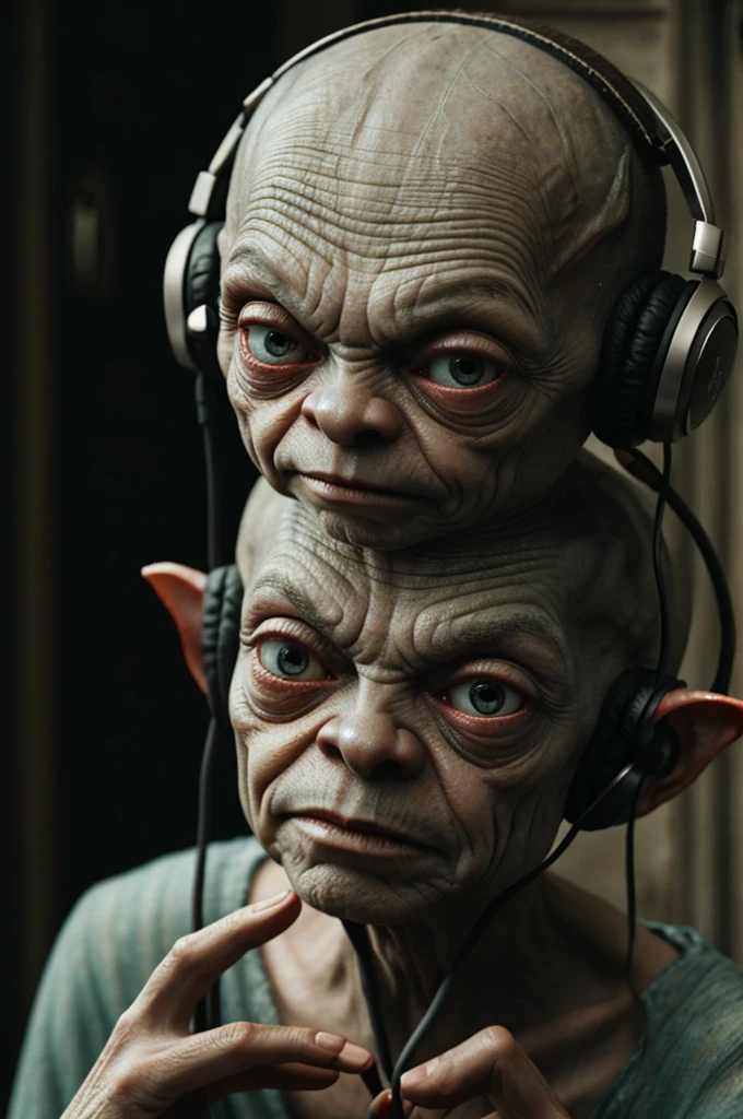 Gollum wears headphones and listens to sad songs.