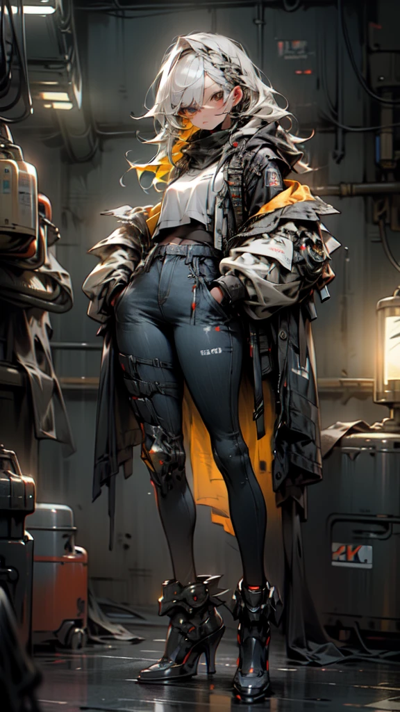 1 girl, long Yellow hair , cyberpunk, blue eyes, high heels, hand in pocket, best quality, 4k, 8k, highres, masterpiece:1.2, ultra-detailed, realistic, photorealistic, photo-realistic:1.37, HDR, UHD, studio lighting, ultra-fine painting, sharp focus, physically-based rendering, extreme detail description, professional, vivid colors, bokeh, cyberpunk, science fiction, neon lights, dark atmosphere, dramatic lighting