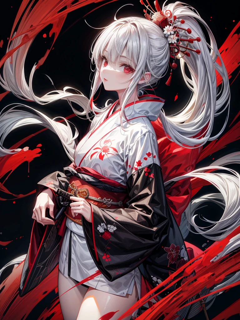 A girl in a kimono standing with a Japanese sword, White medium hair, Red eyes, Red lips, Kimono with red spider lilies on a black background, Red splash pattern on a black background, super high quality, Ultra-fine detail, Ultra-thin kimono pattern