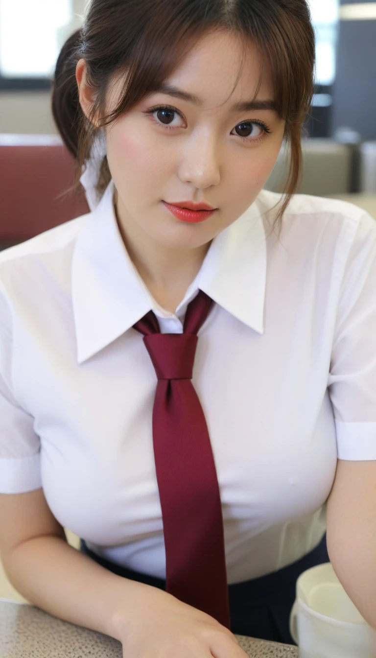close-up of beautiful korean female, 34 inch breasts size, wearing a white short sleeve collar shirt with red necktie, sitting rest one's chin on one hand, in cafeteria , UHD 