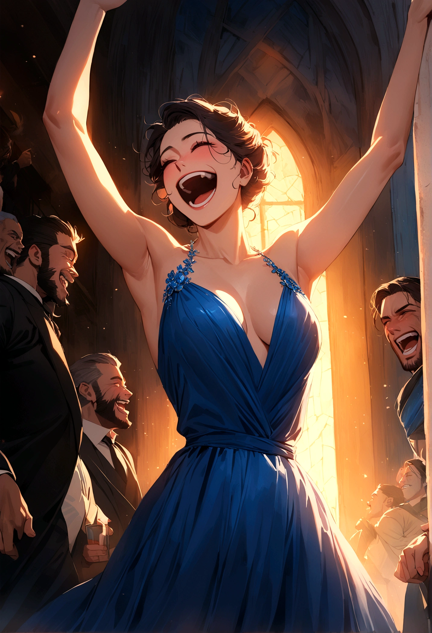 Marvel's Wolverine(male) drunk at a , having fun, wearing a blue evening dress and laughing, X Men , X Men mansion

