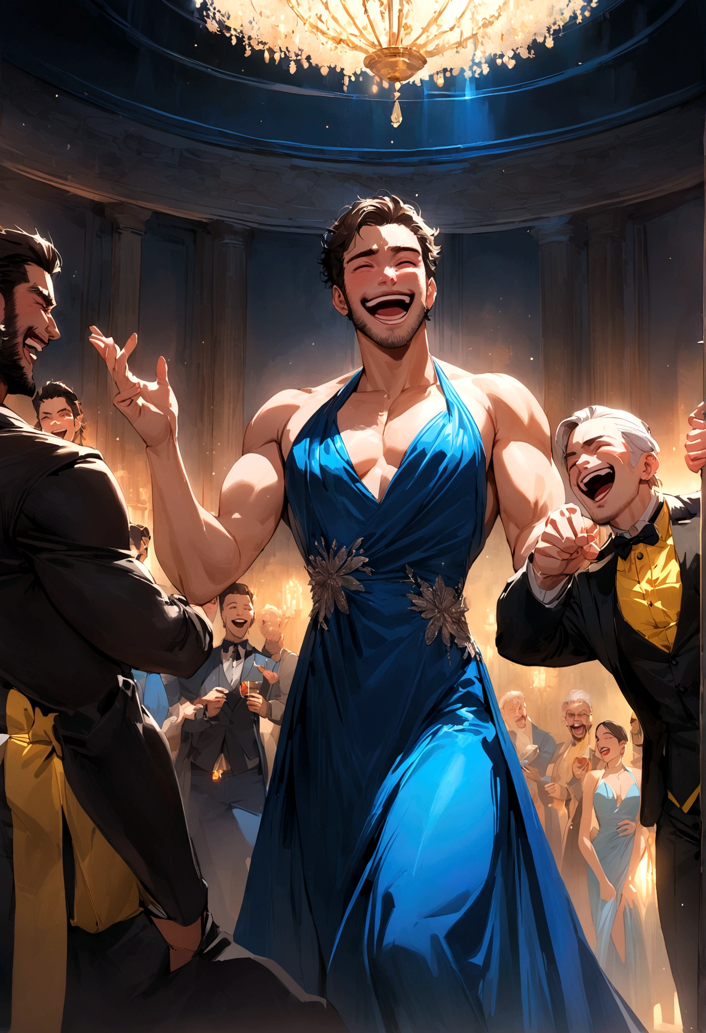 Marvel's Wolverine(male) drunk at a , having fun, wearing a blue evening dress and laughing, X Men , X Men mansion