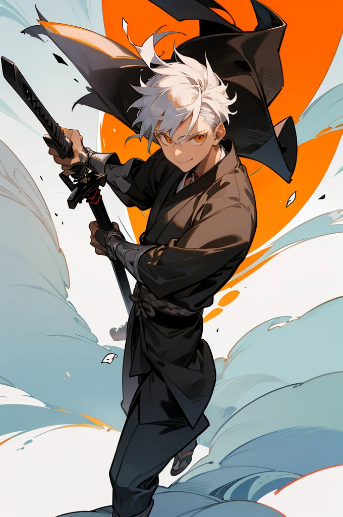 1male, young, smiling, short scruffy hair, silver hair, finely detailed orange eyes, black and white kimono, village background, walking on a path, sword on back, sheathed sword, swordsman
