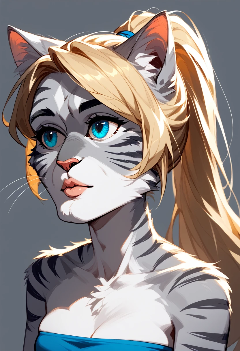 score_9, score_8_up, score_7_up Anthro furry cat girl, handsomize, Kat, silver furry body, grey striped body, blonde hair, blue eyes, hair in a ponytail, wearing blue bandeau, upper body shot, portrait, simple grey background, 