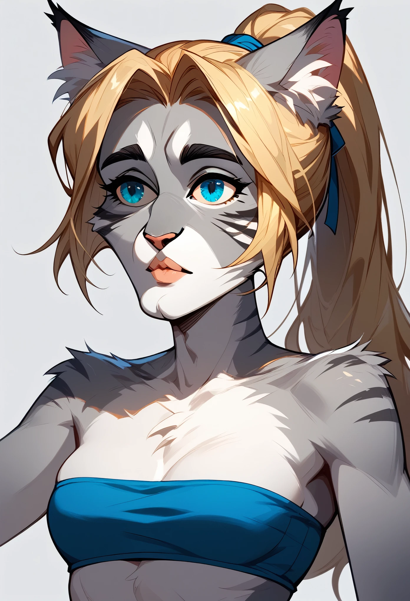 score_9, score_8_up, score_7_up Anthro furry cat girl, handsomize, Kat, silver furry body, blonde hair, blue eyes, hair in a ponytail, wearing blue bandeau, upper body shot, portrait, simple grey background, 