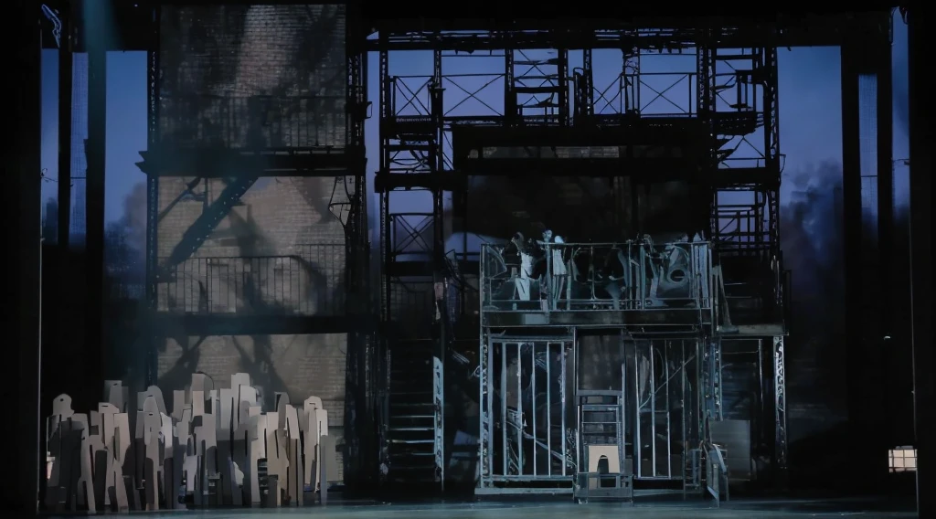 Stage Scene，Legendary Newsboys Musical Newspaper Factory Scene，Steel gates，Steel Stairs，No characters，No one appears，