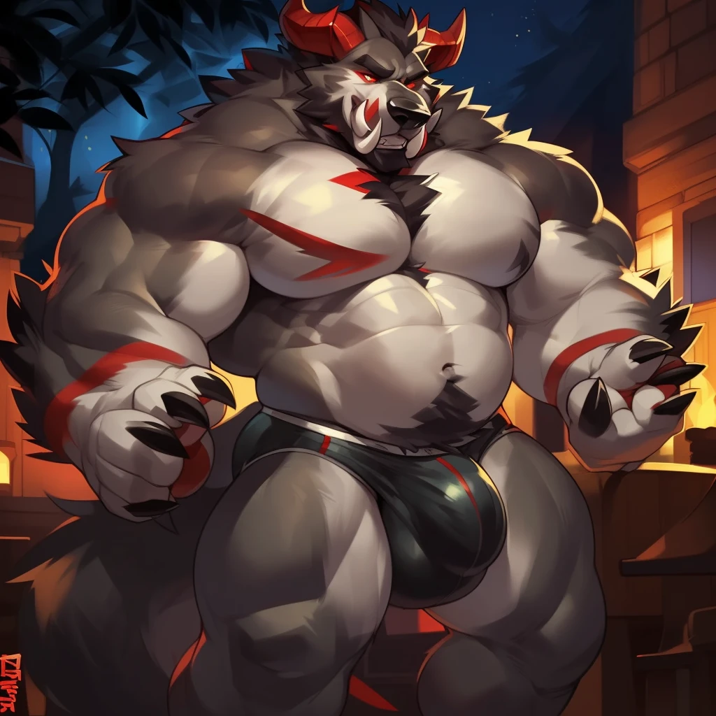 Solo, male (((giant, tall, wolf, werewolf, red eyes, grey body, Muscular, broad shoulders, hyper pecs, huge pecs, huge muscles, muscular arms, muscular thighs, abs, 6 pack, sharp teeth, black chest hair, black nose, tail, tusks, clawed hands, clawed feet, big tusks, horns, big horns, body marking, red markings, black claws, scruffy cheeks, huge bulge))) forest, night, standing ((male focus, focus wolf, focus tusks, focus teeth)) rubbing stomach, detailed hands, detailed eyes, detailed face, detailed teeth, detailed tusks, detailed arms, detailed abs, detailed bulge, detailed snout, briefs, black briefs, big briefs, accurate tusk placement, perfect anatomy, by darkgem, by mystikfox61, by glitter trap boy