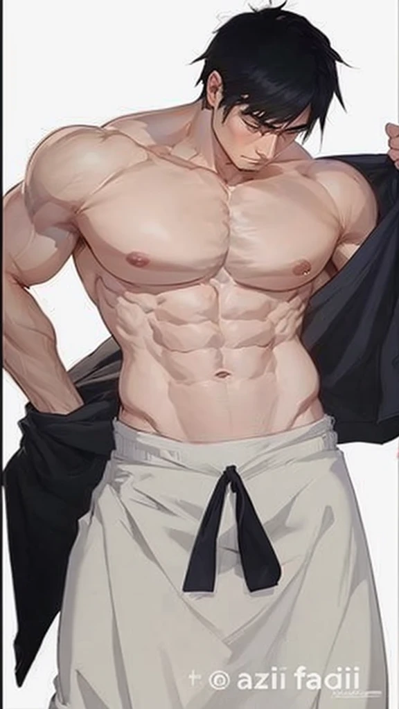((best quality)), ((masterpiece)), (detailed), ((best quality)), ((masterpiece)), (detailed), ((best quality)), ((masterpiece)), (detailed), Toji Fushiguro. anime guy with no shirt and no shirt on holding a jacket, [ adamantly defined abs ]!!, [ rigidly defined abs ]!!, muscular!!, prefect body, muscular!!!, with abs, muscular body, lean and muscular, super buff and cool, lean but muscular, big chest, bare chest, round chest, soft chest!!!!!!!!! perfect and proportional body!