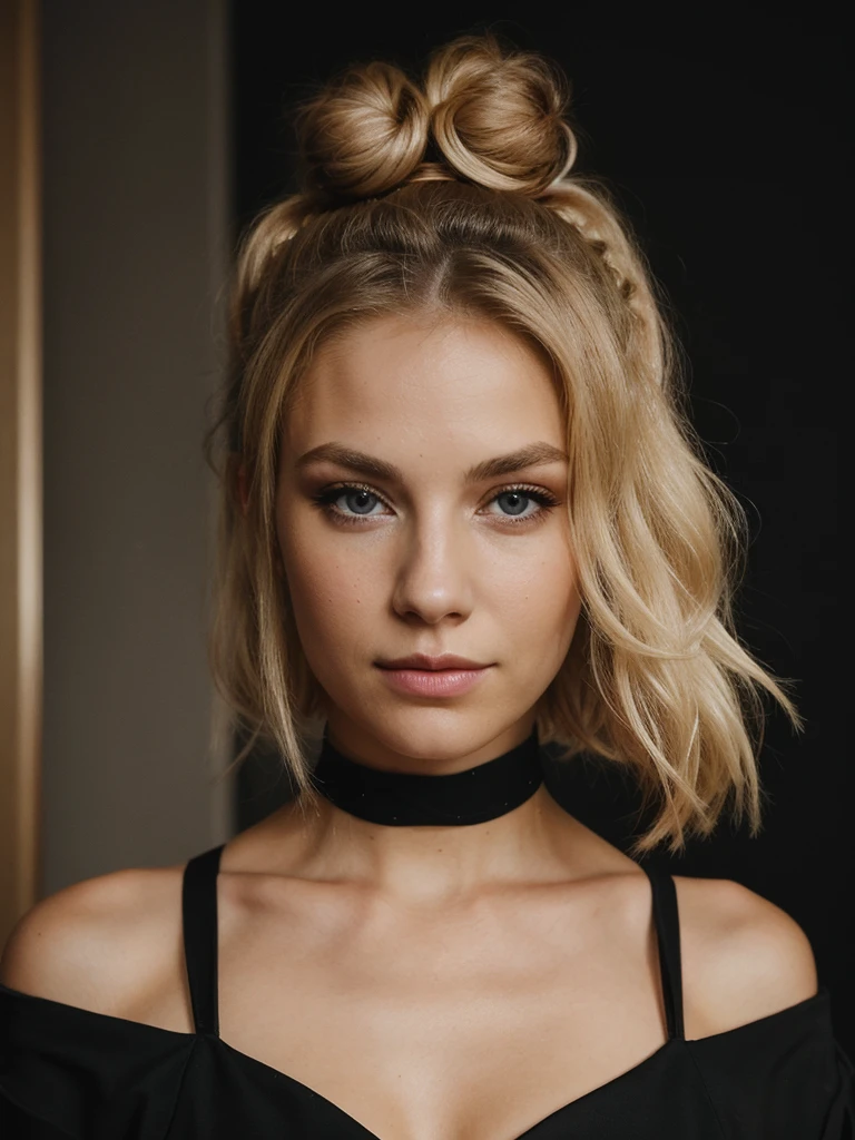 an eye contact of a blond with bun hair and dark theme sexy