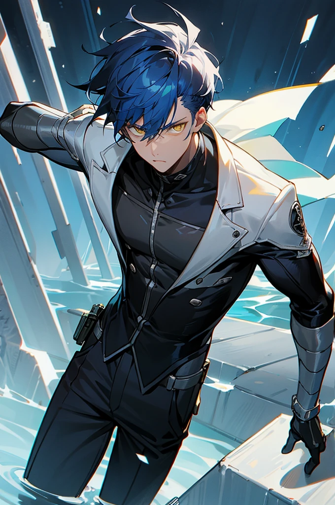 solo, handsome, 1 male, white coat, hush cut hair, dark blue hair, yellow eyes, black light, red water