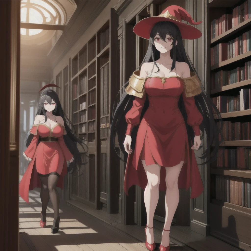 A 20-year-old woman, wearing a red sorcesse tunic with gold details, a red witch's hat with gold details, with effects on her shoulder pads, smiling, ruby red eyes, black hair, long black hair, hair down to her legs, red heels , big hair, mature body, walking in the doorway of an old library with several books on site