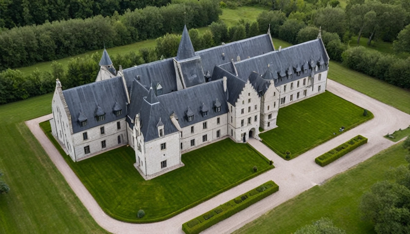 Scottish medieval palace in the center of a medieval city located in the Arctic. Built in stone in Gothic style in the 14th century, roof in black zinc tiles. It has no towers, has four floors and a small garden surrounding it, above an old bunker transformed into a garage.