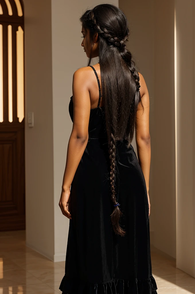 backside view of an Indian woman with long black hair, tied in a braid that she wore to the side, and caramel skin. wearing a stir with a ruffled shirt under a velvet suit, matching Veda’s dress.
