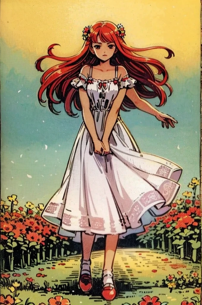 Please make me a red headed women with a sheer sundress in a field of flowers. I would like it to be sunny out and for the sheer sundress and flowers to be white. Give the image a boarder vines and have it look like a tarot card.