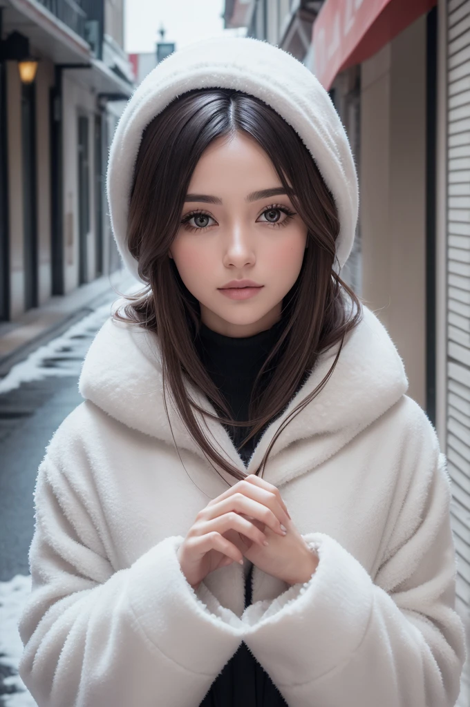fotografia profissional de uma linda garota norueguesa em roupas de inverno com cabelos loiros longos e ondulados, olhar sensual e sedutor, beautiful symmetrical face, linda maquiagem natural, wearing elegante warm winter fashion clothing, ((parado do lado de fora na rua nevada da cidade)), impressionante ambiente urbano moderno, ultra realistic, arte conceitual, elegante, altamente detalhado, intricado, sharp focus, profundidade de campo, f/1. 8, 85 mm, medium shot, meio do tiro, (((professional color grading))), luz difusa suave e brilhante, (volumetric fog), Trends on Instagram, hd 4k, 8K