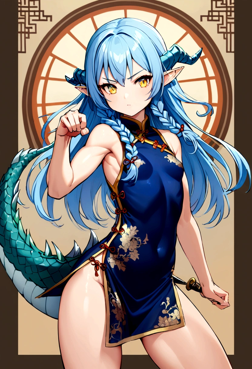 cute young girl, light blue hair, long hair, small braids hair, yellow eyes, dragon horn, dragon tail, elf ear, muscular body, small breast, sexy chinese outfit, fight with dagger pose