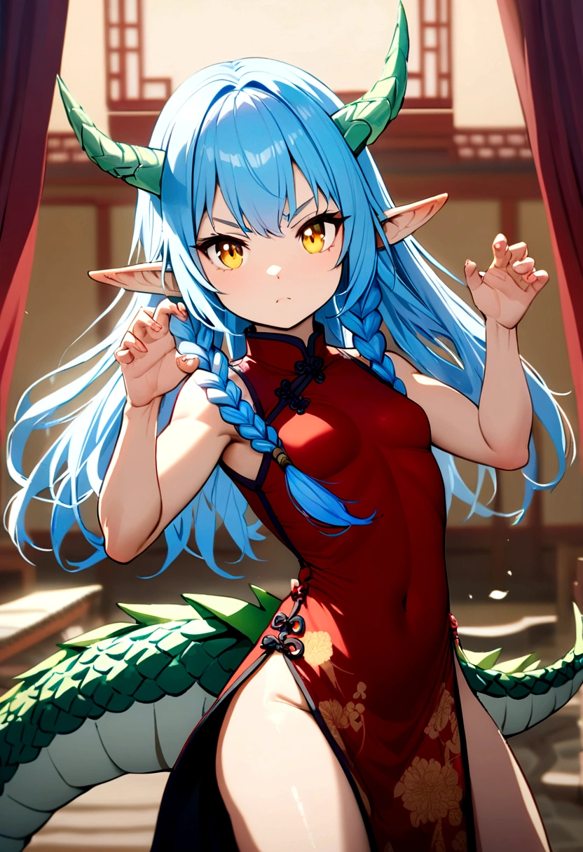 cute young girl, light blue hair, long hair, small braids hair, yellow eyes, dragon horn, dragon tail, elf ear, muscular body, small breast, sexy chinese outfit, fight with dagger pose