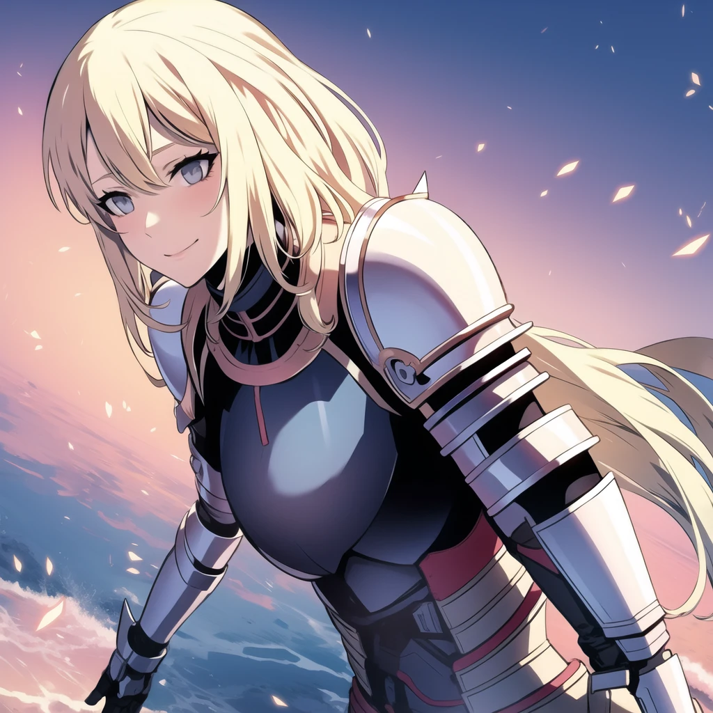 Blonde girl, blue eyes, armor, katana, smiling, alone, seen from further away 