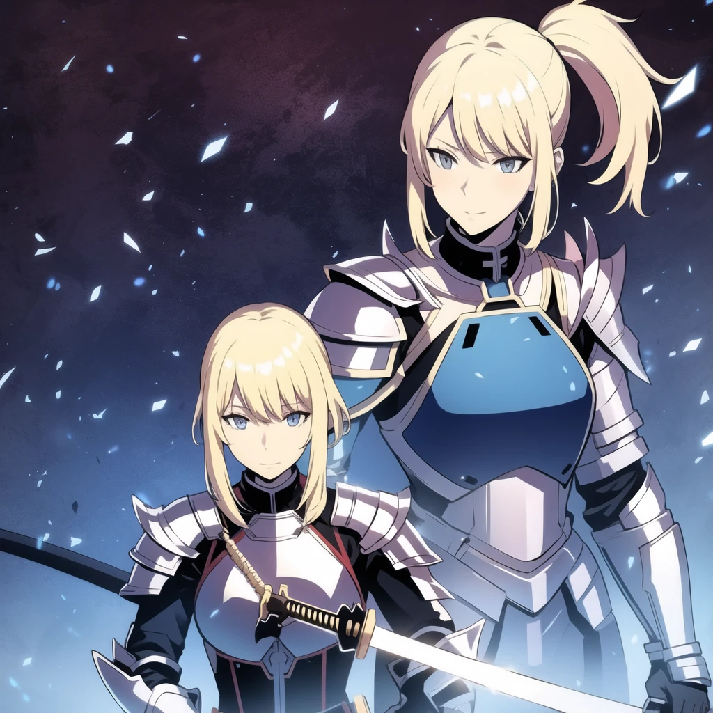 Blonde girl, blue eyes, armor, katana, smiling, alone, seen from further away