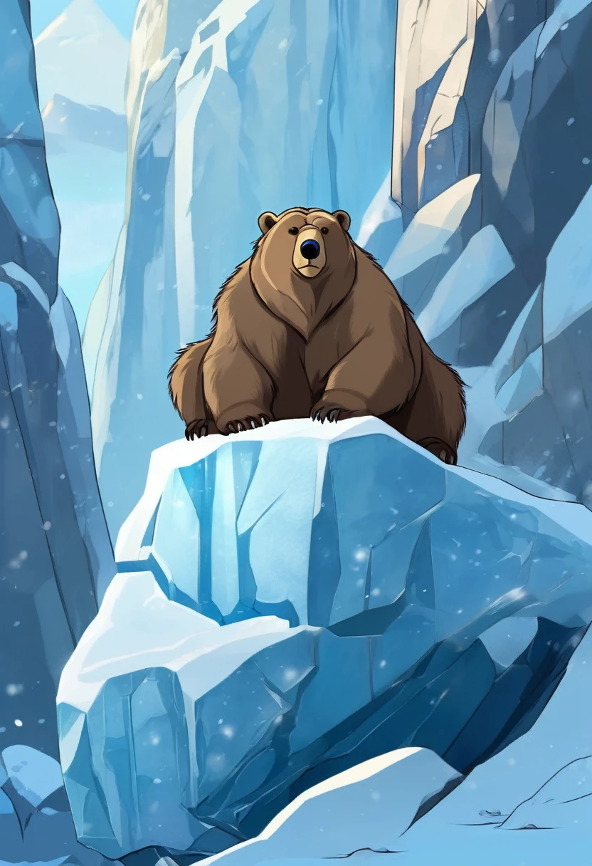 um urso polar segurando um escudo sentado em uma pedra de gelo rugindo, escudo azul, Digital illustration, ambiente medieval, cartoon, High definition, detalhes