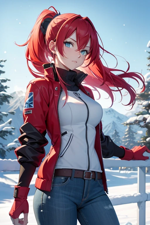 Digital painting in anime style of a 28-year-old woman with bright red hair in a high side ponytail, mature features, and blue eyes. She wears a green shirt, skinny gray jeans, and white high riding boots, set against a snowy winter background. The painting should emphasize the rich textures and vibrant colors typical of digital anime art, capturing the character's mature, confident demeanor in a serene winter setting.