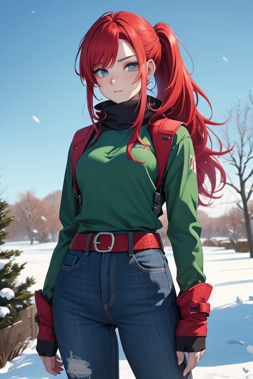 Digital painting in anime style of a 28-year-old woman with bright red hair in a high side ponytail, mature features, and blue eyes. She wears a green shirt, skinny gray jeans, and white high riding boots, set against a snowy winter background. The painting should emphasize the rich textures and vibrant colors typical of digital anime art, capturing the character's mature, confident demeanor in a serene winter setting.
