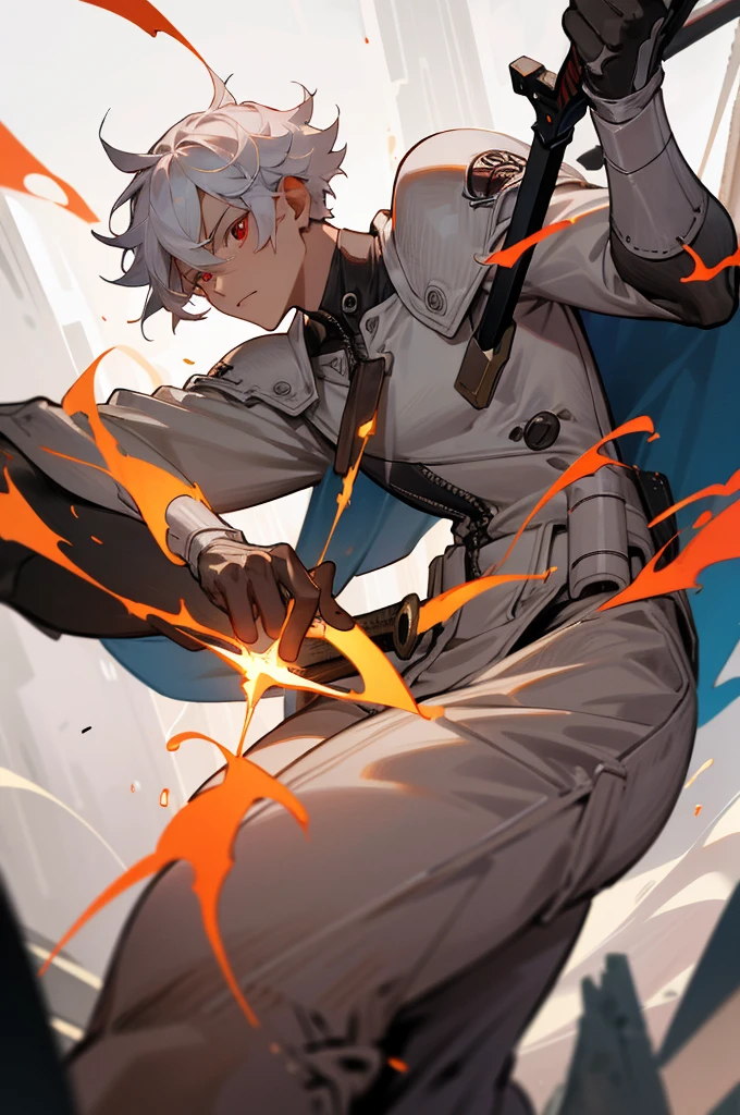 (absurdres, highres, ultra detailed),BREAK ,masterpiece, best quality, a man in white outfit, wielding sword, sword surrounded by fire, solo, handsome, finely eye, detailed face, short hair, white hair, vibrant red eye, ruined city, dark background, from below, look down, cowboy shot, swirl, vortex, spark
