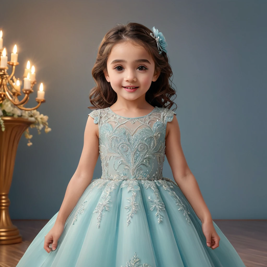 Full body:1.6,3 year old girl in evening dress, happy expression, beautiful and detailed eyes, beautiful and detailed lips, very detailed eyes and face, long eyelashes, beautiful and detailed dress, studio lighting,(best quality,4k,8k,high resolution,masterpiece:1.2),super detailed,(realistic,photorealistic,photorealistic:1.37),highly detailed,highly detailed,intricate details,vibrant colors,soft lighting,warm tonal palette,beautiful scenery,stunning background