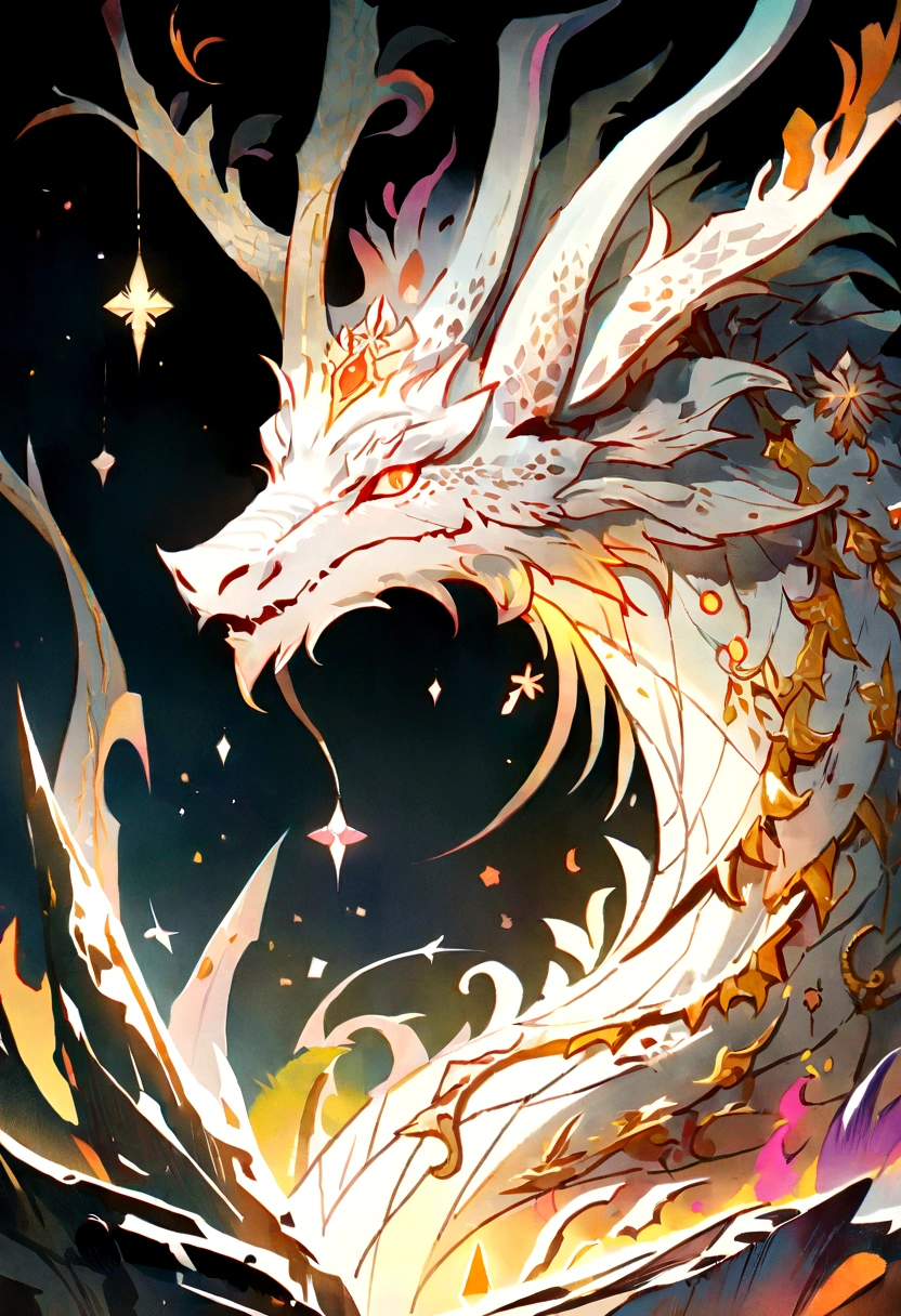 best quality, Chinese dragon，Shimmer, , 2D, flat, Lovely, High quality, Art on cracked paper, Fairytale-like, Detailed illustrations for storybooks, Movie, Ultra HD, detail, 美丽的detail, mystery, Luminism, Vibrant colors,White Dragon