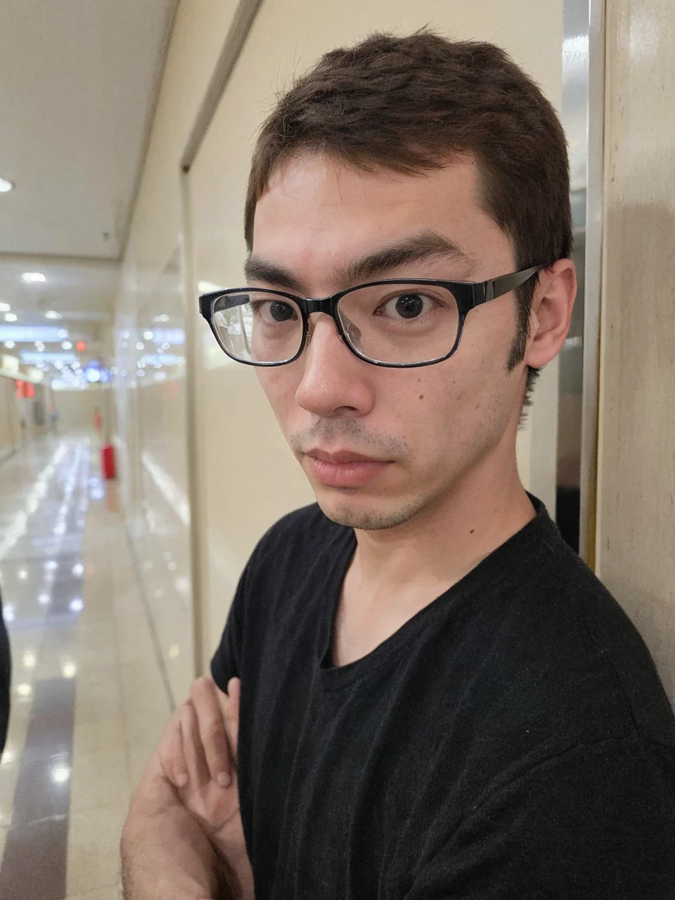 /imagine prompt: A high-resolution portrait of a young man with short brown hair and glasses, standing confidently with his arms crossed. He is wearing a black shirt, and the background features a well-lit hallway with shiny floors and walls. Created using: digital art, vibrant color palette, dynamic composition, realistic textures, hd quality --ar 16:9 --v 6.0
