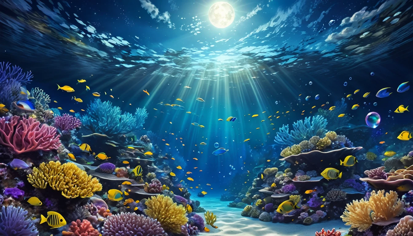 (Underwater: 1.9),Ocean,Colorful coral reef,School of tropical fish,Light,Bubble,Seaweed,(Shallow sea: 1.4),Sunlight,Fantasy,Undersea,Floating,Top quality,Masterpiece,Clouds,Colorful,Starry sky,
Create a digital illustration of a landscape, scenery, underwater, with clear and delicate lines. Low-fi, moonlight light reaching down to the water, the scene is cozy and warm with beautiful night scenery and moonlight. The lighting should be soft and golden like colorful flowers, and the art style should be detailed like fantasy art with accurate depiction of delicate and fine lines. The overall look should be clear and dreamy atmosphere. Focus on a magical and enchanting environment. No land part is required, only underwater. People are not allowed, no people in the photo.