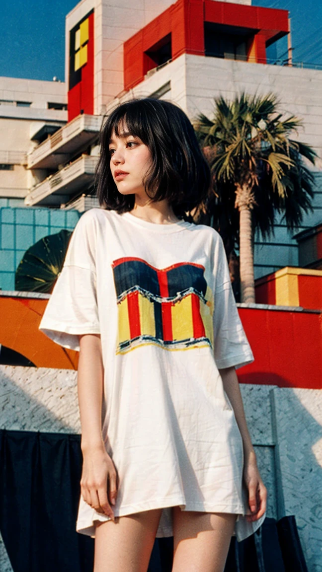 1 girl, beautiful, black bob hair, almond eye, no makeup, white tshirt, ((oversize_untucked tshirt)), peach tennis skirt in front of ((80's mondrian architecture colorful motel)),(from below:1.2), (realistic:1.1), (surreal:1.2), (very detailed:1.1), ((masterpiece)),summer, blue sky, palm trees,sunny, los angles vibes