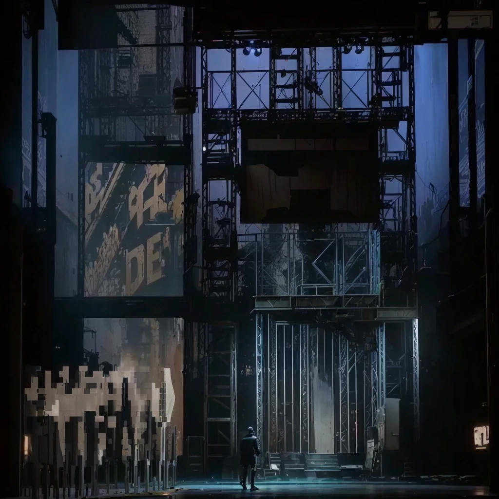 Stage Scene,A man stands on a platform, Movie screenshots, detailed set design, Opening, YouTube video screenshot, The back of the scene design element, Movie screenshots, Full scene shooting, In this ominous scene, footage of a theater stage, Movie screenshots, Dirty street background, Scene close-up, The most beautiful scenery