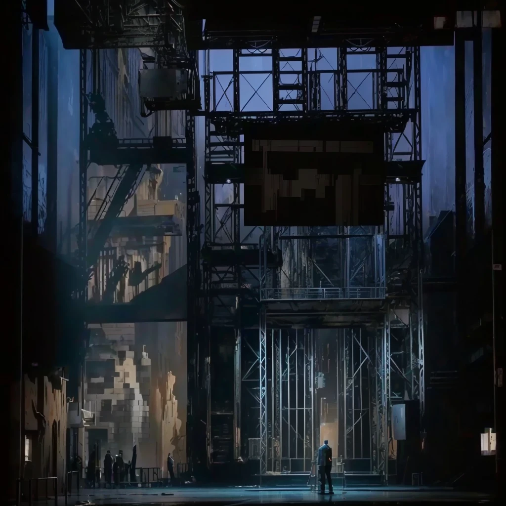 Stage Scene,A man stands on a platform, Movie screenshots, detailed set design, Opening, YouTube video screenshot, The back of the scene design element, Movie screenshots, Full scene shooting, In this ominous scene, footage of a theater stage, Movie screenshots, Dirty street background, Scene close-up, The most beautiful scenery
