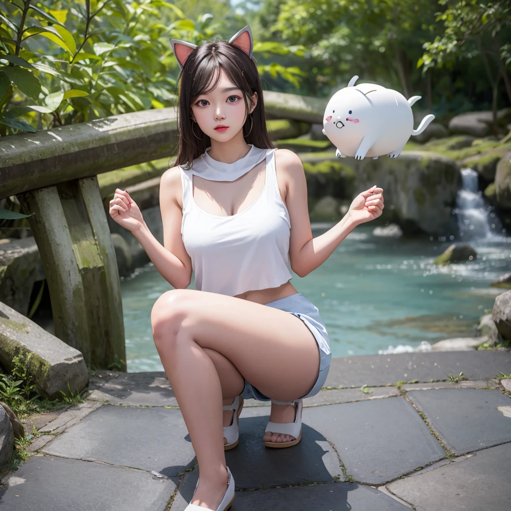 solo、1girl、full-body portraits、sleeveless、White-colored skin，Large Breasts,Double tail，close to camera