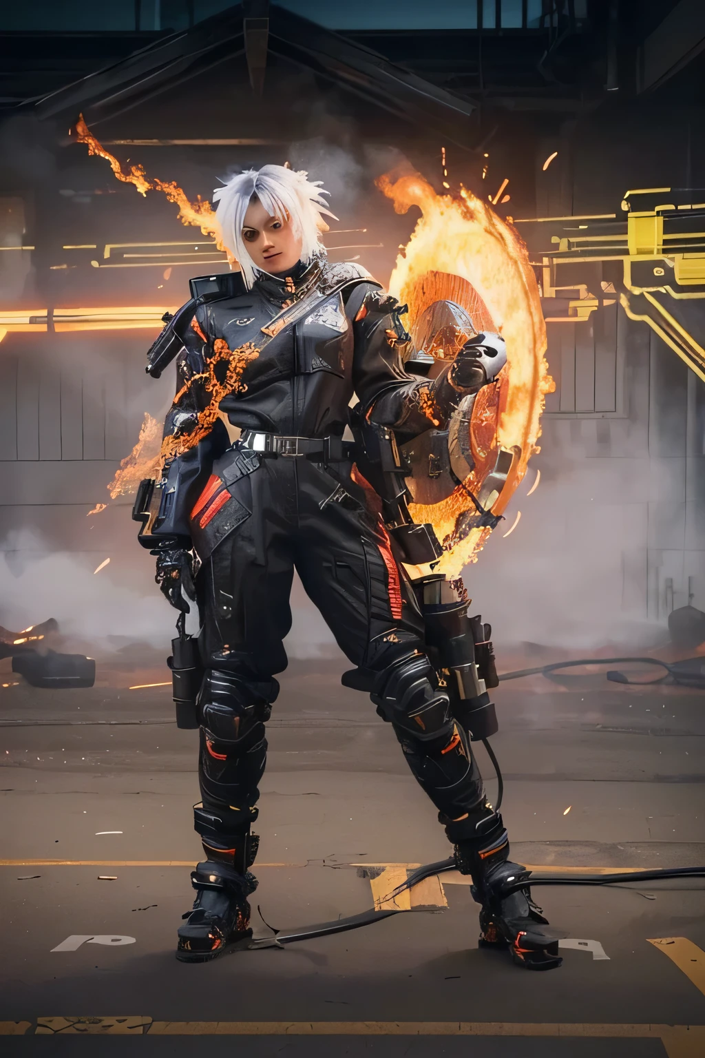 a close up of a person with a fire in their hand, cyberpunk flame suit, black fire color reflected armor, mechanic punk outfit, full body picture, full body!! maximalist details, cybernetic flame armor, full body shot hyperdetailed, as a character in tekken, blacksmith's outfit
