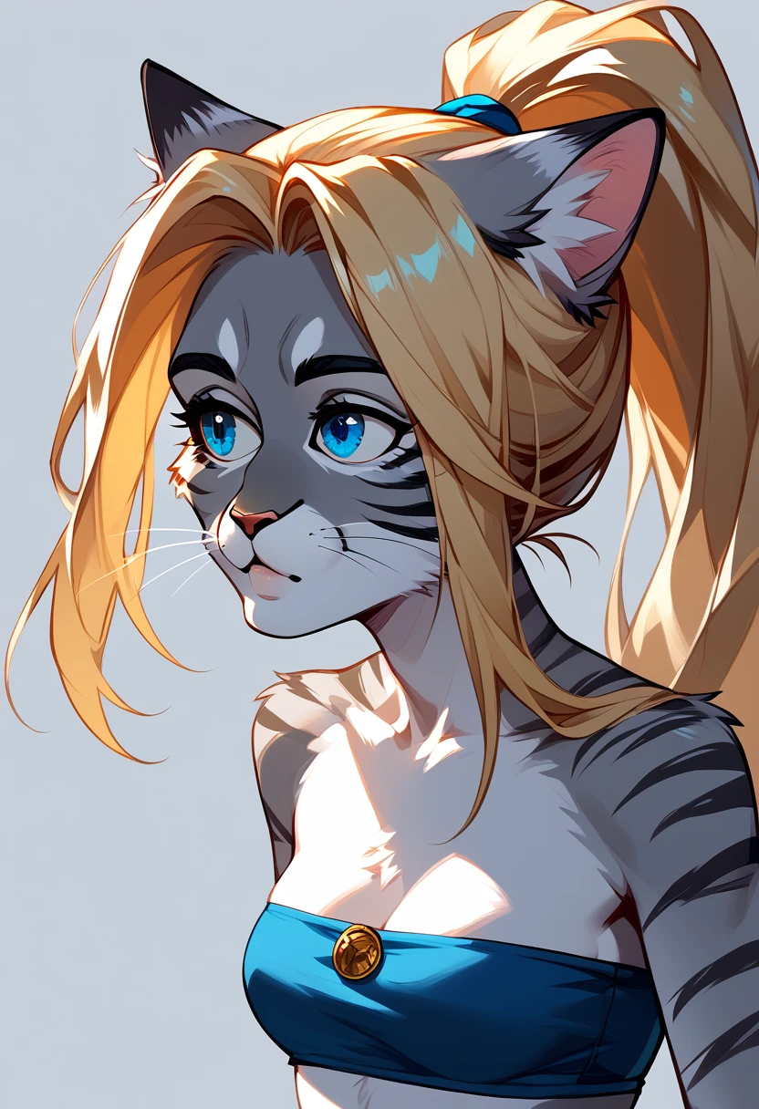 score_9, score_8_up, score_7_up Anthro furry cat girl, handsomize, Kat, silver furry body, grey striped body, blonde hair, blue eyes, hair in a ponytail, wearing blue bandeau, upper body shot, portrait, simple grey background, 