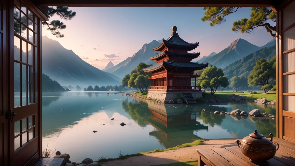 a traditional landscape of East Asia. It shows a quiet scene with hazy mountains in the background, a peaceful lake in the center, and many boats are floating on the water. There are trees and large rocks scattered everywhere, with pagoda-style houses hidden among the mountains. The sky is dyed pink and blue, suggestive of sunrise or sunset. This photo is interesting because of its peaceful combination and skillful use of water level to create depth and atmosphere for the painting.. Pretty