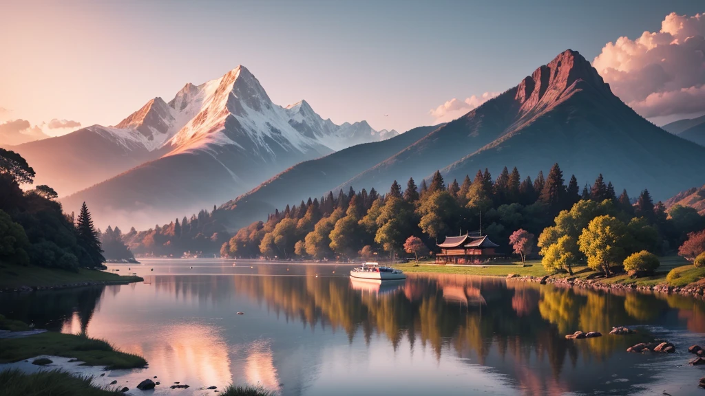 a traditional landscape of East Asia. It shows a quiet scene with hazy mountains in the background, a peaceful lake in the center, and many boats are floating on the water. There are trees and large rocks scattered everywhere, with pagoda-style houses hidden among the mountains. The sky is dyed pink and blue, suggestive of sunrise or sunset. This photo is interesting because of its peaceful combination and skillful use of water level to create depth and atmosphere for the painting.. Pretty