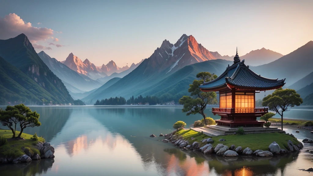 a traditional landscape of East Asia. It shows a quiet scene with hazy mountains in the background, a peaceful lake in the center, and many boats are floating on the water. There are trees and large rocks scattered everywhere, with pagoda-style houses hidden among the mountains. The sky is dyed pink and blue, suggestive of sunrise or sunset. This photo is interesting because of its peaceful combination and skillful use of water level to create depth and atmosphere for the painting.. Pretty