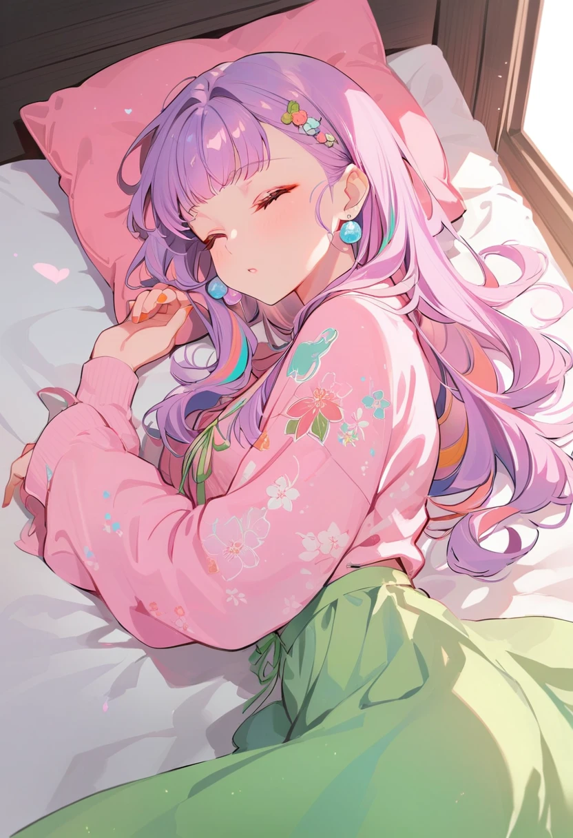 One girl,Sleeping in a bed in a room、Stylish、In love, Multi-colored hair with a green base, Long Hair, Retro costumes, pajamas,, Hyper Pop, , Retro feel, overview, masterpiece, Highest quality,