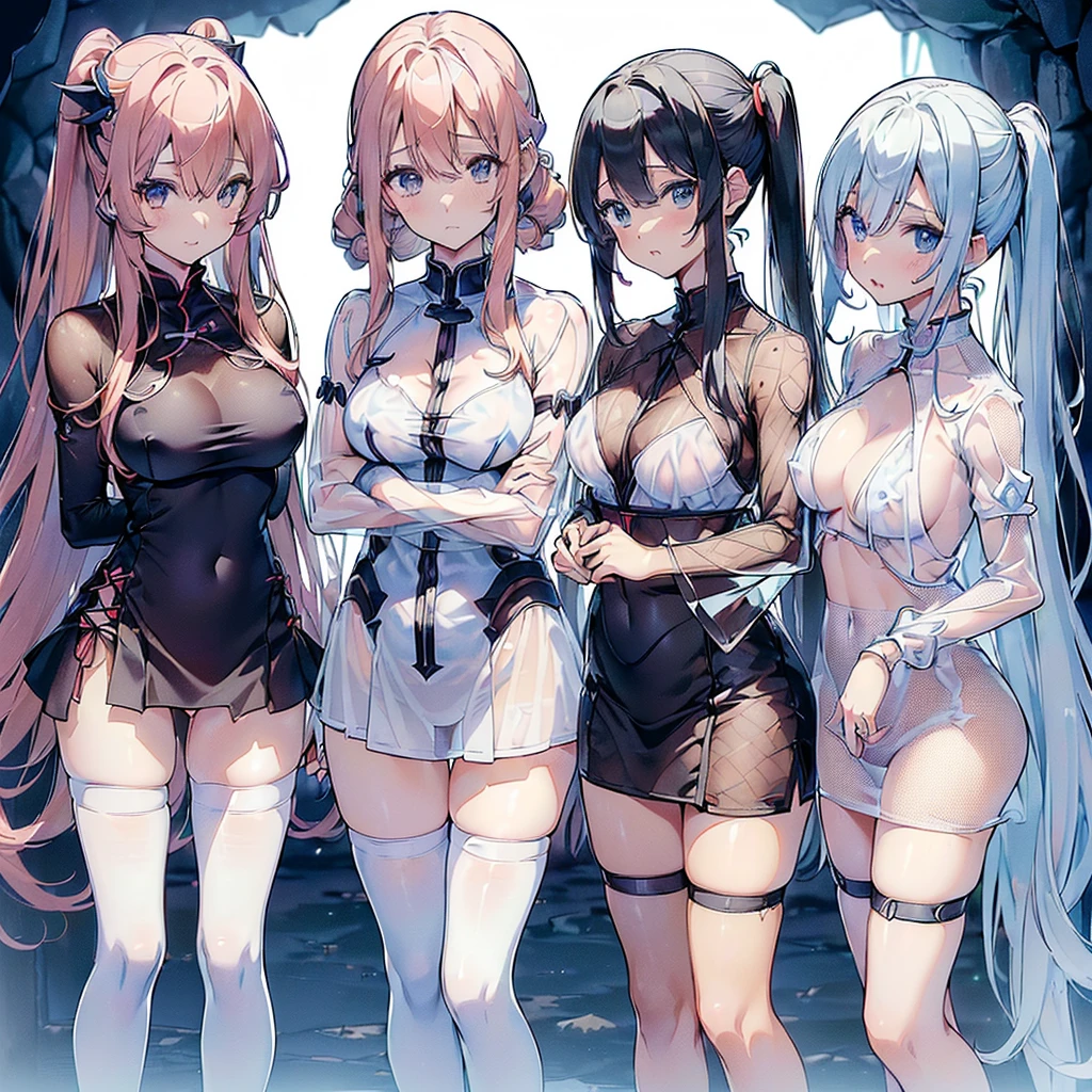 ((((Haremの4人のキャラクターが笑顔で描かれました))))、A group of female adventurers set in a medieval fantasy world,Dragon Quest、 (Inside the cave:1.2), Various Hair Styles, Variety of hair colors, (Harem:1.5), Late Night, detailed aspects, (Colorless clothing:1.5), (All of them are wearing revealing clothes.:1.4), (Clothes that are as transparent as air:1.8), Low V-neck, No bra, No underwear, (Exposed breasts:1.4), (Exposed Skin:1.2), (Micro Mini Skirt), Seduce, Sleeveless、Panties are visible、Large Breasts、A little bigger ass、Waist、Her short skirt is flipped up