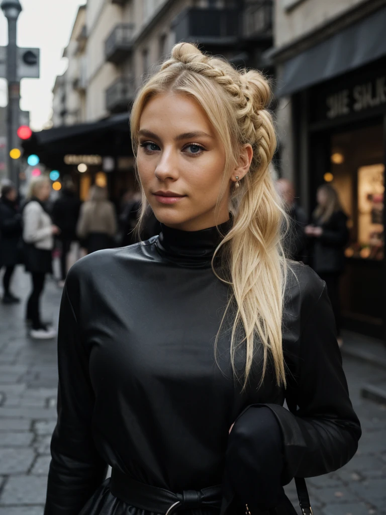 an eye contact of a blond with bun hair and dark theme sexy dans la rue entrain de faire du shoping