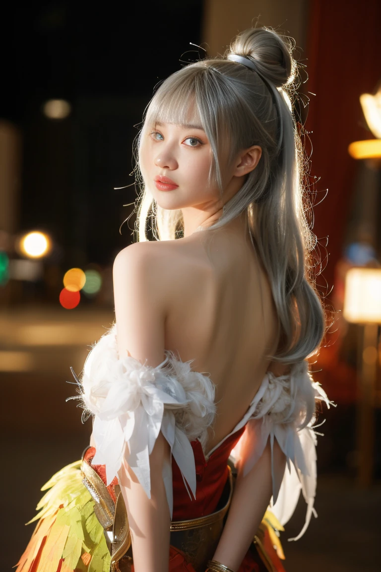 ulzzang-6500-v1.1,(raw photo:1.2),((photorealistic:1.4))best quality ,masterpiece, illustration, an extremely delicate and beautiful, extremely detailed ,CG ,unity ,8k wallpaper, finely detail, best quality,extremely detailed CG unity 8k wallpaper,absurdres, incredibly absurdres, huge filesize, ultra-detailed, highres, extremely detailed,beautiful detailed girl, extremely detailed eyes and face, beautiful detailed eyes,light on face,cinematic lighting, ,1girl, mature female, night, cityscape, looking at viewer, dress, hair bun,low ponytail, long hair,hair ribbon, cowboy shot, hair ornament, silver hair, looking at viwer,
