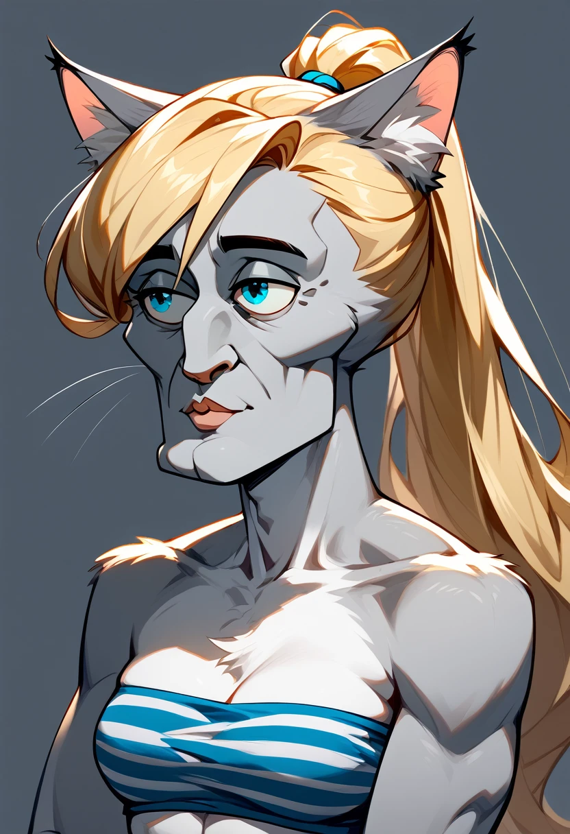 score_9, score_8_up, score_7_up Anthro furry cat girl, handsomize, handsome squidward face, Kat, silver furry body, grey striped body, blonde hair, blue eyes, hair in a ponytail, wearing blue bandeau, upper body shot, portrait, simple grey background, 