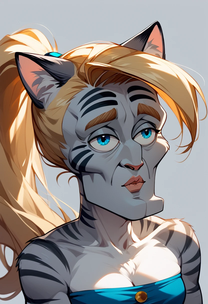 score_9, score_8_up, score_7_up Anthro furry cat girl, handsomize, handsome squidward face, Kat, silver furry body, grey striped body, blonde hair, blue eyes, hair in a ponytail, wearing blue bandeau, upper body shot, portrait, simple grey background, 