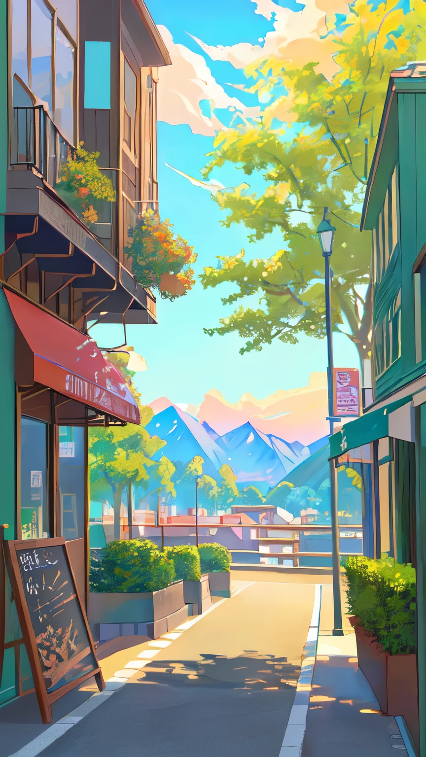 Anime style street scene，There are tables and umbrellas, anime background technology, Cozy cafe background, Anime Background, Beautiful anime scene, beautiful Anime Landscape, Relaxation concept art, Anime Landscape, 丰富多彩的Anime Background, Anime Landscape concept art, Landscape Artwork, Relaxed atmosphere, At a roadside cafe, Summer Afternoon, background technology, Anime beautiful peaceful scene, relaxing environment, Anime Aesthetics