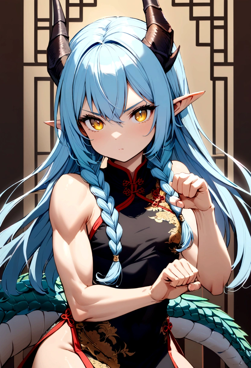 cute young girl, light blue hair, long hair, small braids hair, yellow eyes, dragon horn, dragon tail, elf ear, muscular body, small breast, sexy chinese outfit, fight with dagger pose