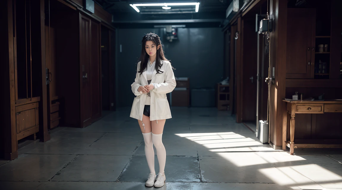 masterpiece, best quality, high quality, high resolution, girl, white long lab coat, black leather outfit, thigh tights, full body, standing, hands in pockets, bored, depth of field, laboratory, House music, techno, dance music, hip-hop, high-energy, uplifting, pads, workout, Music girl, tattoo, black leather cloth, garter, hair accessories, gaze, high detail, best quality, masterpiece, beautiful details glow, girl struggling and standing tied up in the dungeon, (ropes), trapped, shackles,